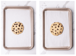 A cookie sheet with cookie dough pressed into a cookie shape, and another cookie sheet with a baked cookie in the center.